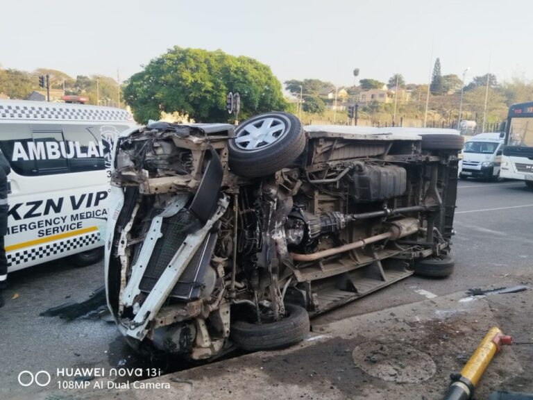 Emergency responders treating injured passengers after a taxi overturned at the North Coast Road and Effingham intersection in Durban.