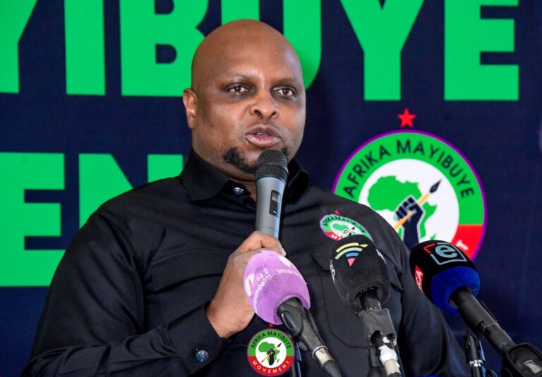 Floyd Shivambu unveils the Afrika Mayibuye Movement emblem featuring a fist transforming into a spear-pen, symbolizing strength and knowledge across Africa.