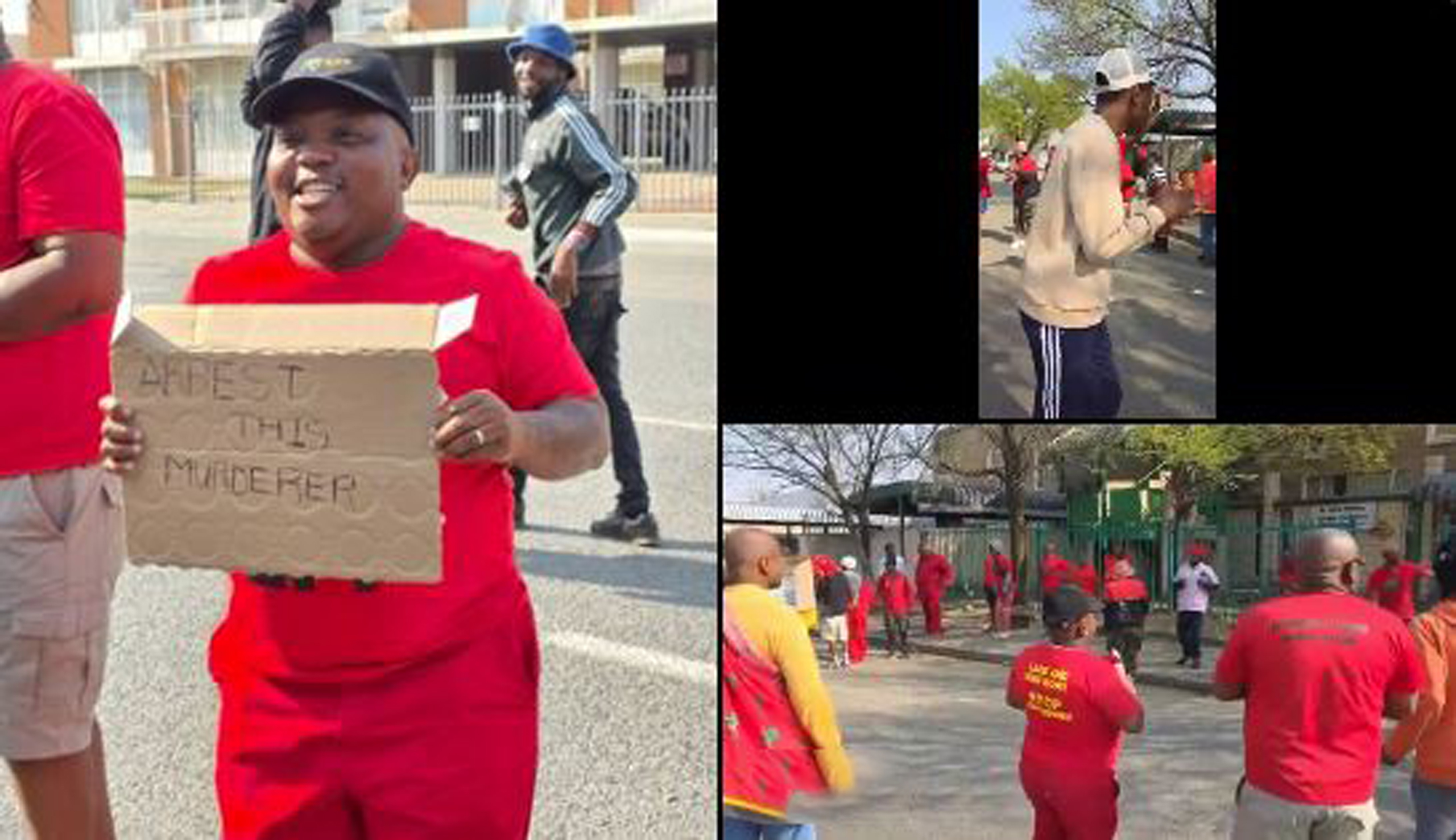 EFF members protesting outside a medical practice in Kroonstad, holding placards and demanding justice in an alleged farm murder case