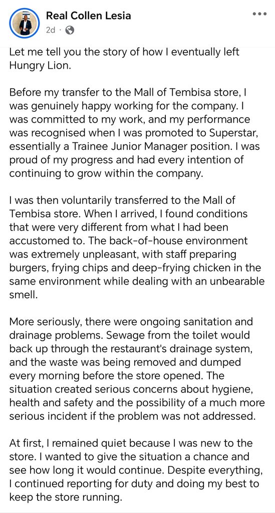 Former Hungry Lion Employee Claims He Cleaned Sewage Before Preparing Food